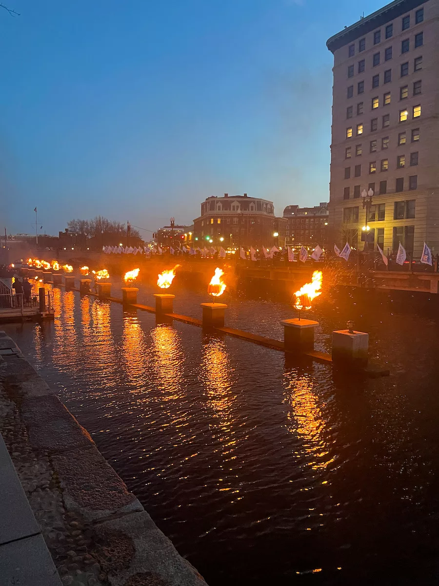 Providence River lit up by Waterfire lighting