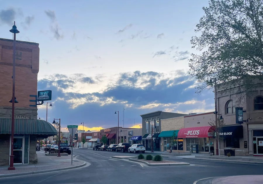 View of Main Street in Farmington, New Mexico, including restaurants in Farmington