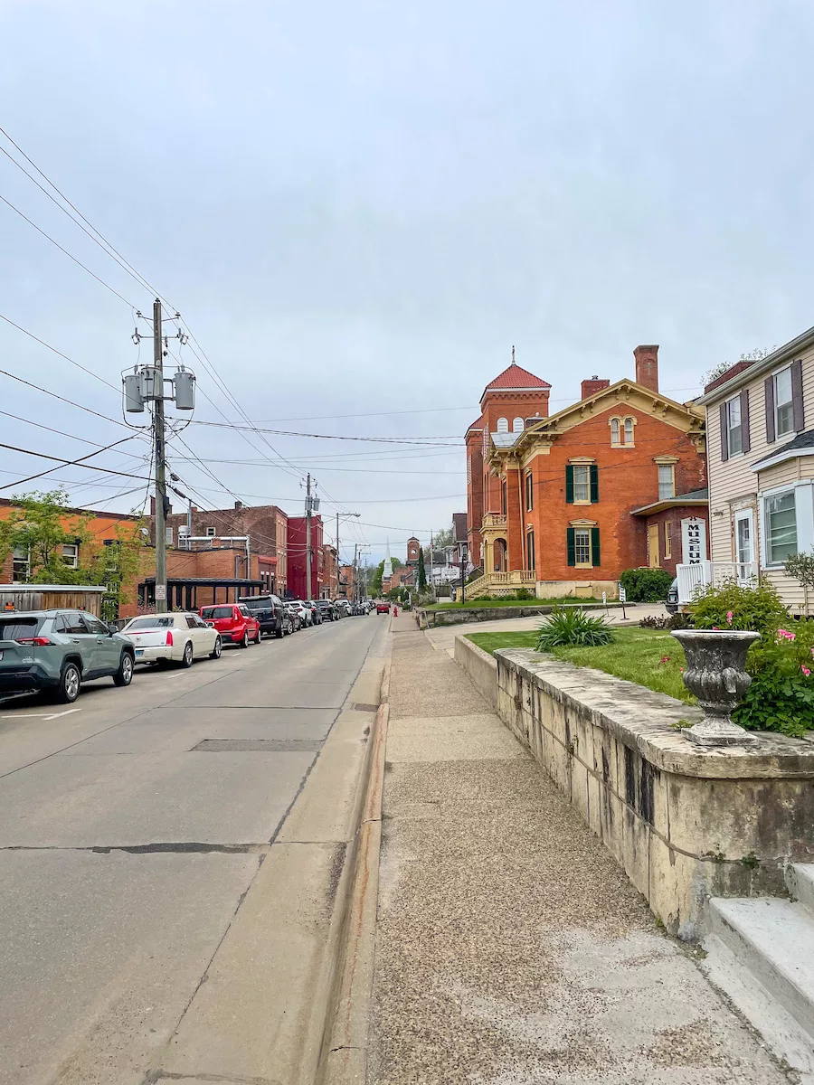 View of an old street with houses and shops in Galena, IL 