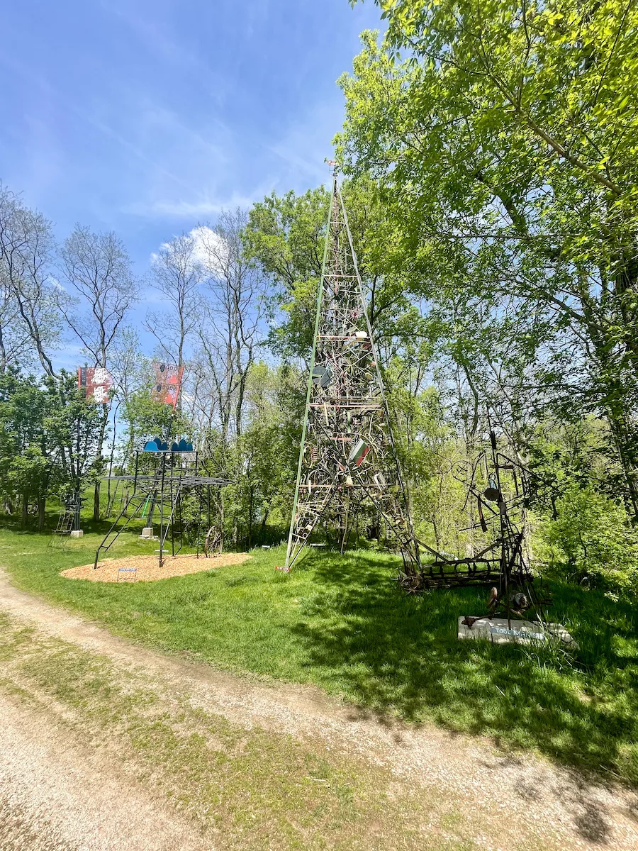 Trail next to several steel sculptures in Galena, IL. 