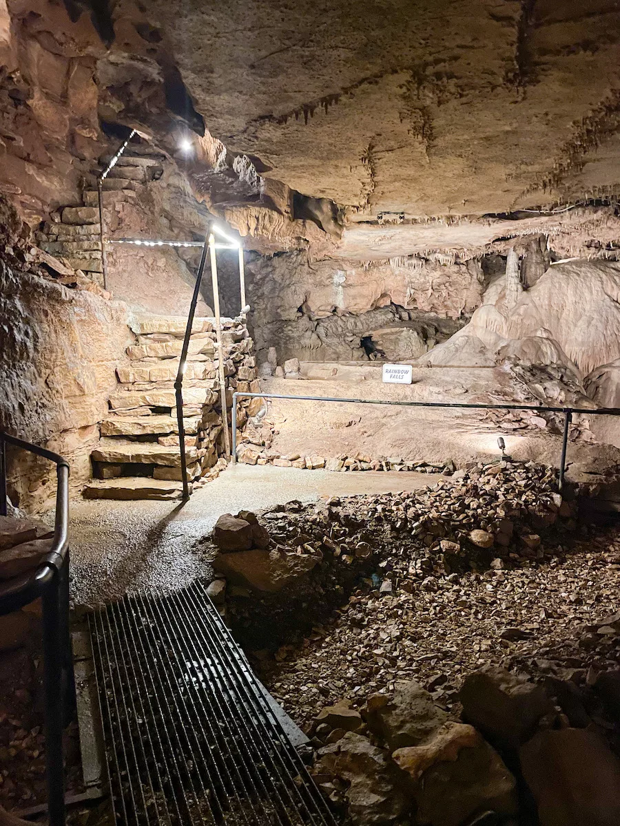 Inside of Crystal Cave in Springfield, MO, including the stairs and walkway inside. 