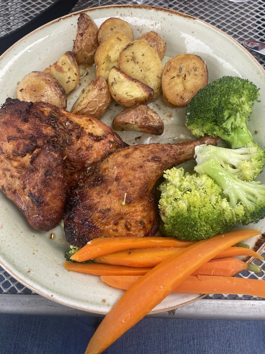 Image of dinner plate including chicken, broccoli, potatoes, and carrots. 