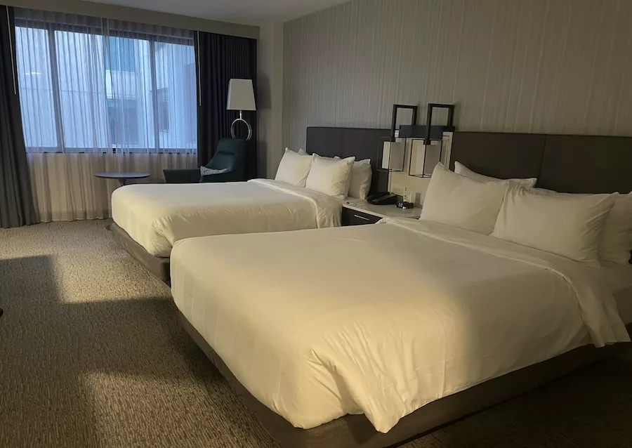 View of two queen-sized hotel beds at the Washington Marriott Georgetown in DC