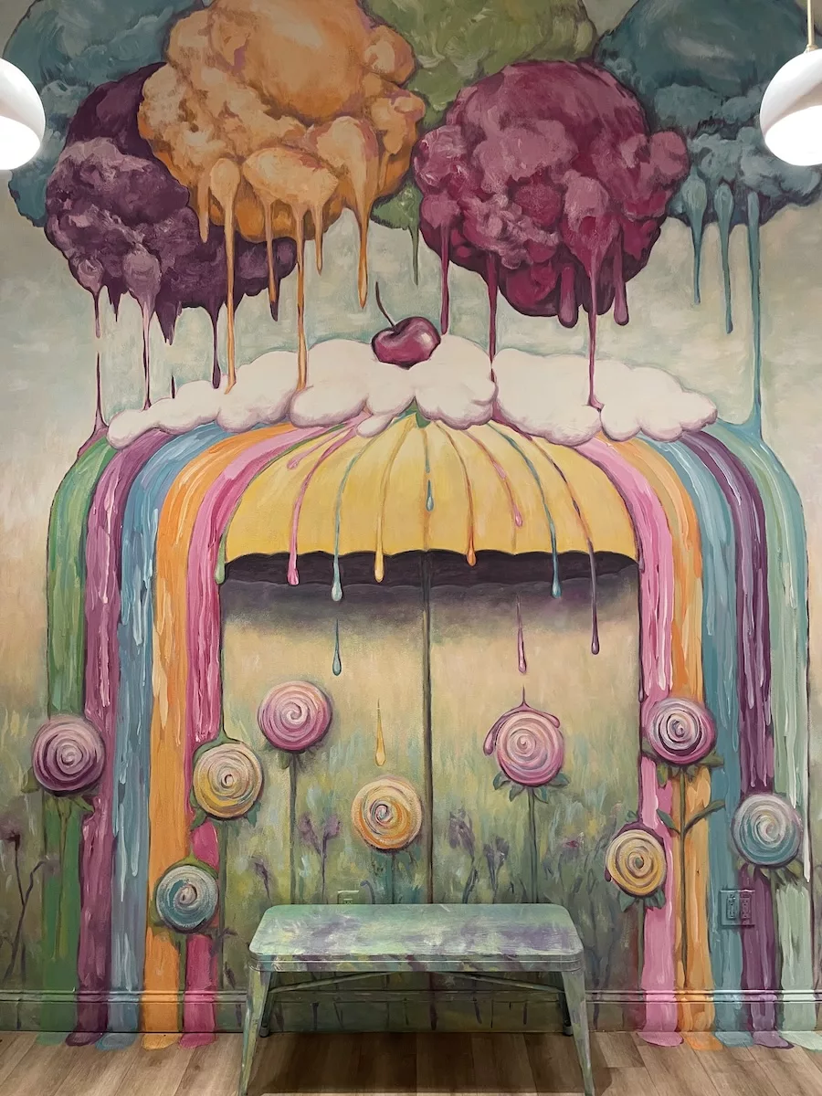 Mural of ice cream scoops and sundaes at the Creekside Scoop in Cross Plains, WI 