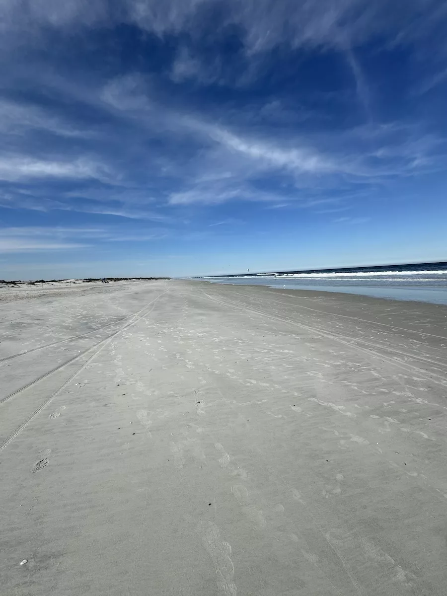 View of beach with cloudy blue sky at Little Talbot Island State Park in Jacksonville, FL 