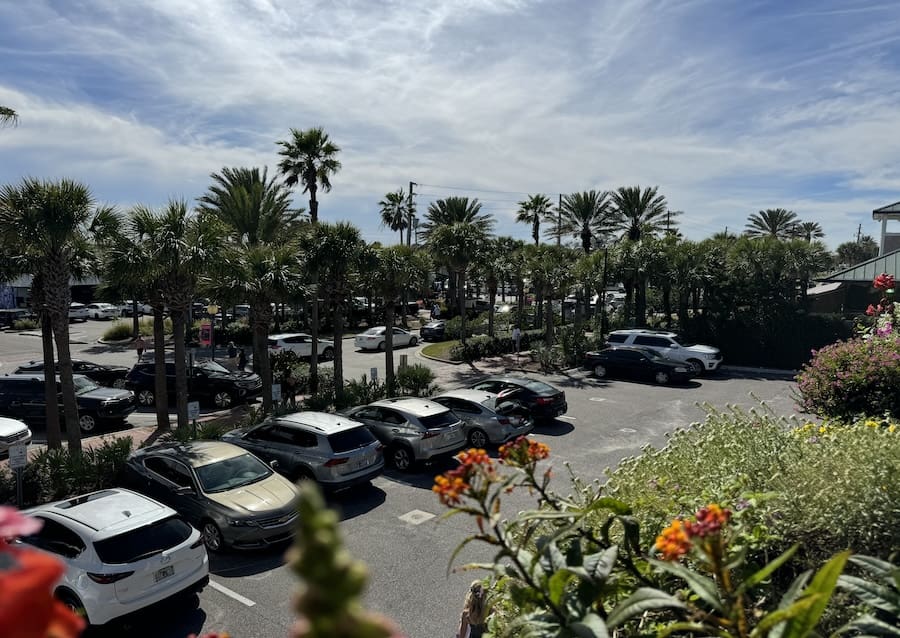 View from Coop 303 at Beaches Town Center in Jacksonville Florida, featuring a cloudy blue sky, parking lot, and palm trees. 