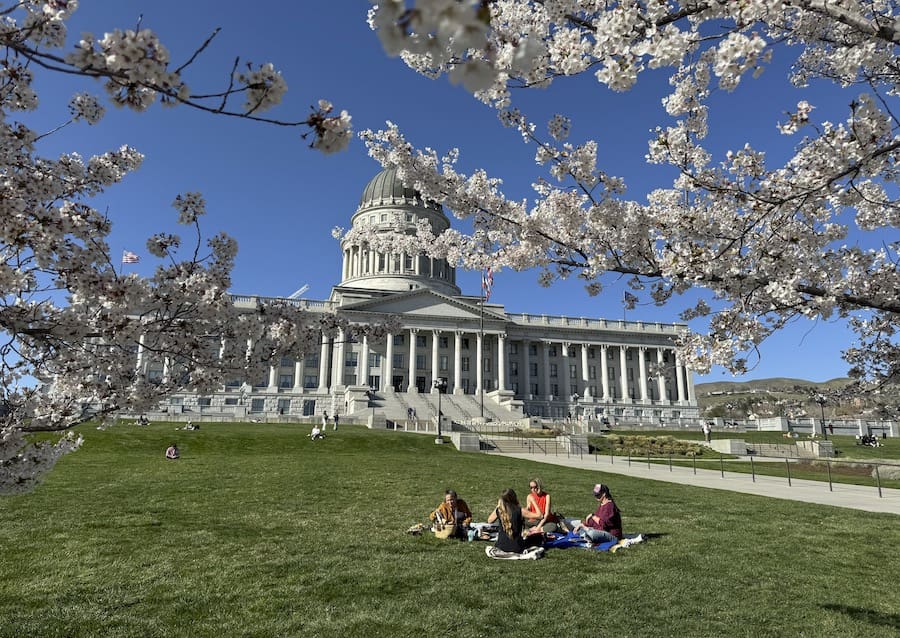 View of the Utah State Capitol surrounded by cherry blossoms with people enjoying the lawn - Best Places to Stay in Salt Lake City