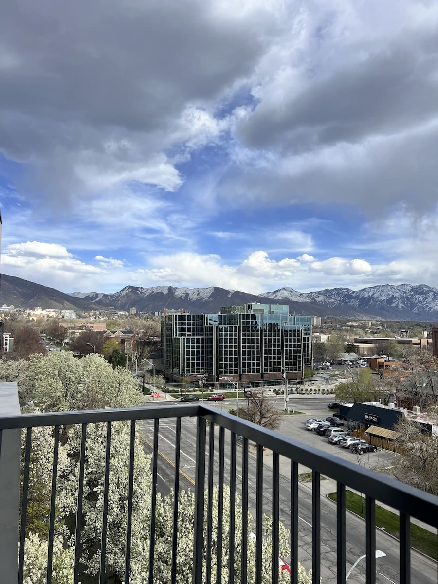 View of outside area, including Salt Lake City mountains, from SLC VRBO balcony. 
