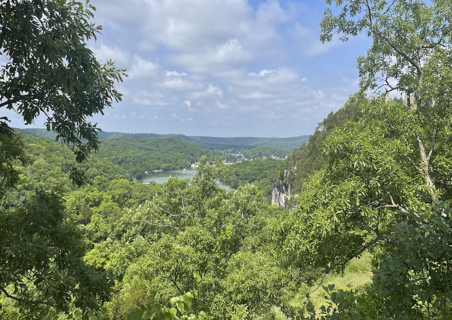 View of Lake of the Ozarks and surrounding foliage and cliffs from Ha Ha Tonka State Park