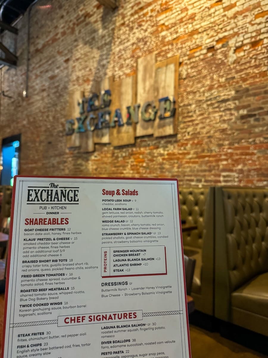 Image of a dinner menu and sign at The Exchange Restaurant in Jeffersonville, Indiana. 