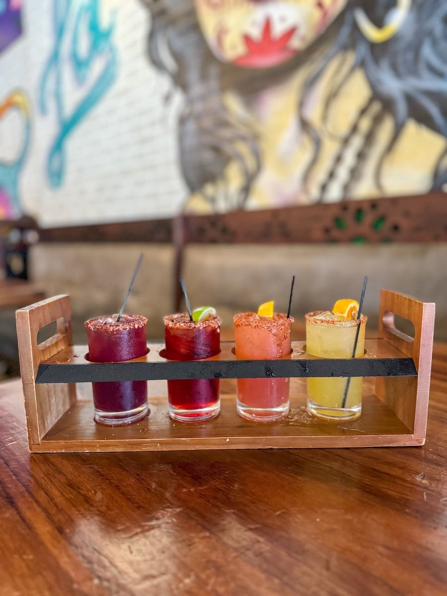 Image of 4 colorful margaritas in flight at La Catrina Mexican in SoIN