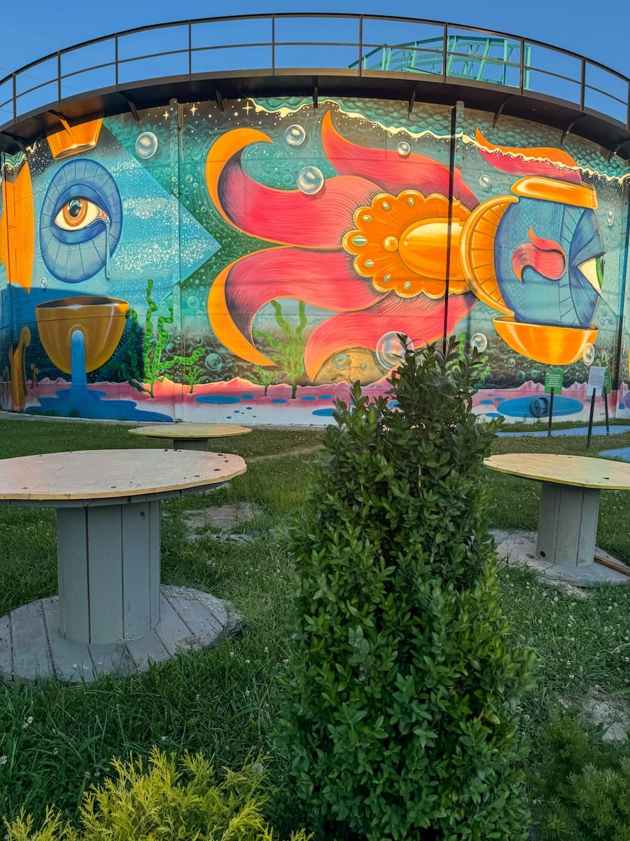 Image of colorfully painted water tower in the NoCo district of Jeffersonville, IN