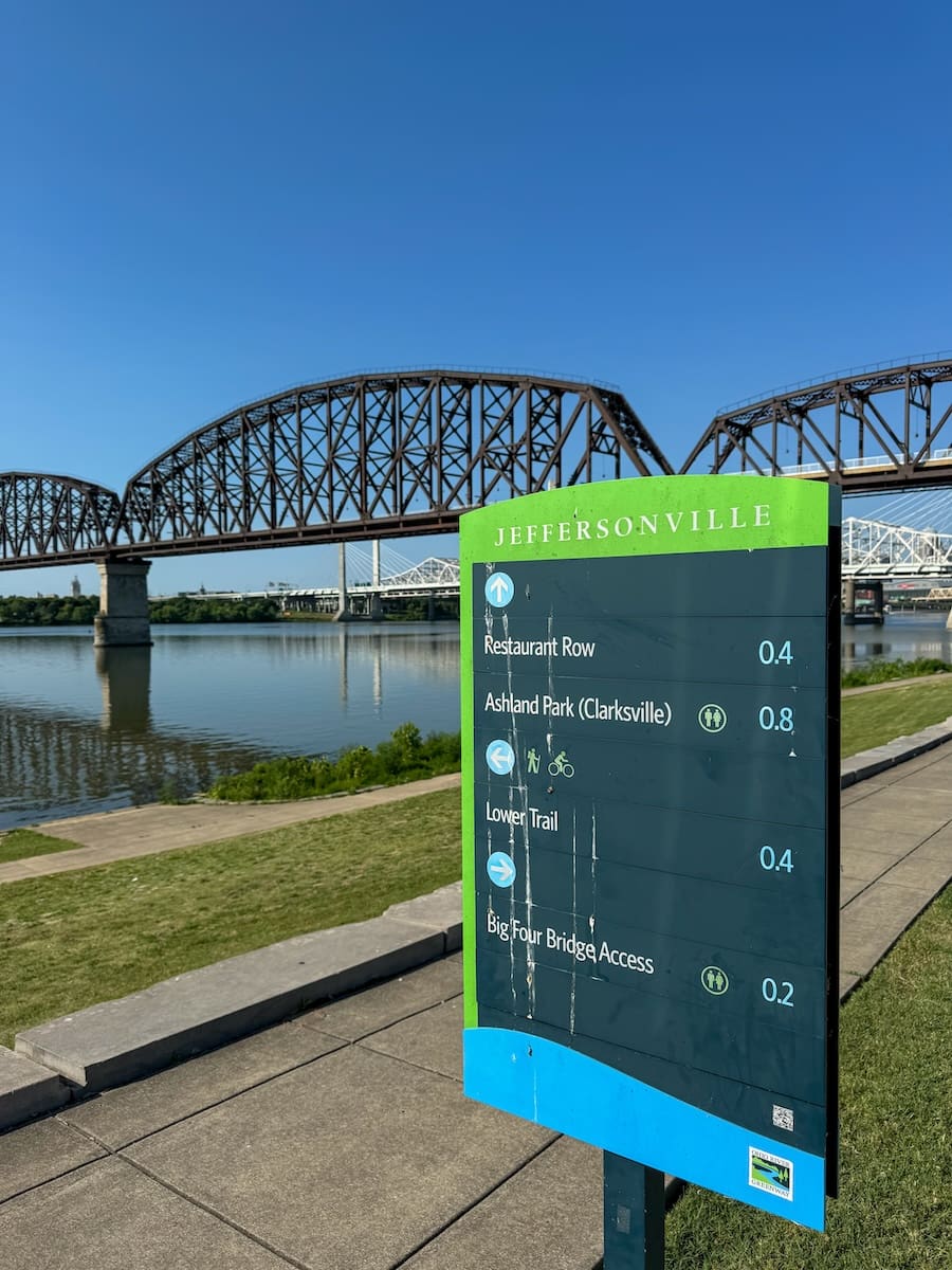 Image of Big Four Pedestrian Bridge and Ohio River Greenway Sign in Jeffersonville, IN