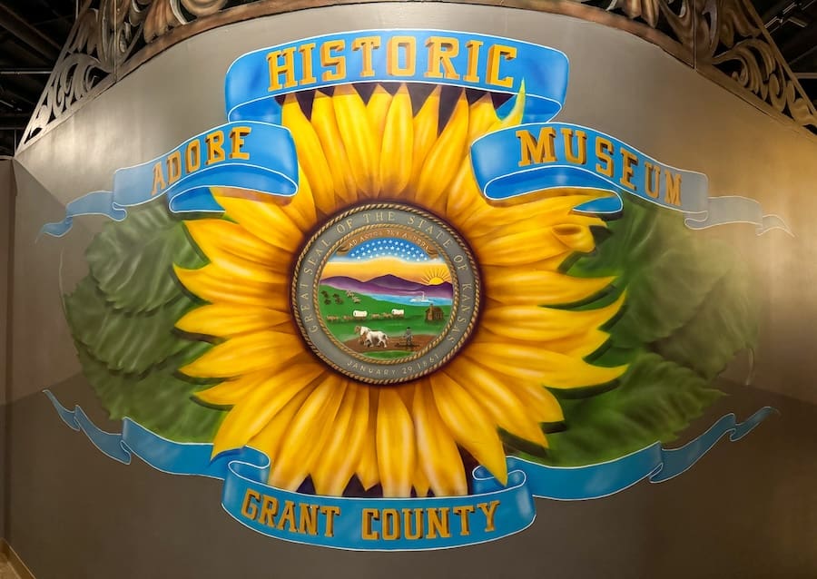 Historic Adobe Museum mural with giant sunflower