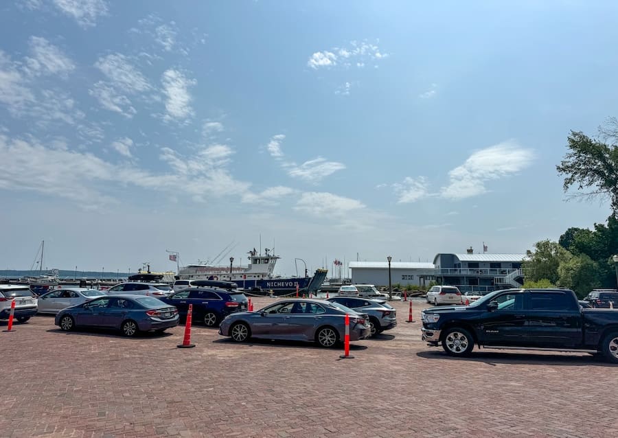 Image of cars waiting to load the car ferry at the Madeline Island Ferry Terminal in Wisconsin