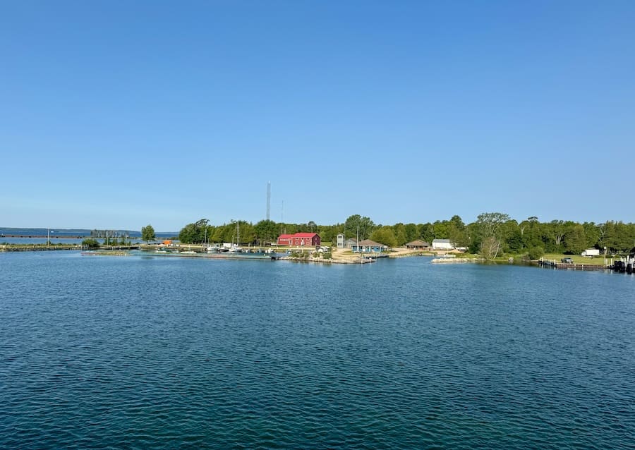 Image of the view of a Wisconsin Island from the car ferry. 