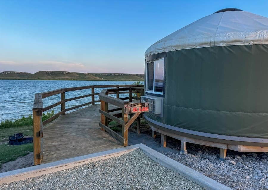 Image of a camping yurt along the water at HorseThief Reservoir in Southwest Kansas