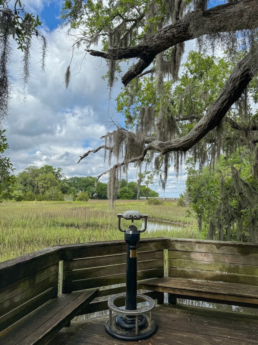 Image of wooden boardwalk with a telescope overlooking a beautiful green marsh at the Coastal Discovery Museum - Guide to Hilton Head Island