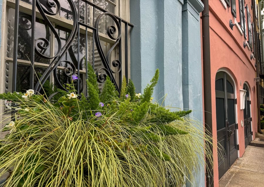 Image of houses on rainbow row with a flower planter in front - One Day in Charleston, South Carolina