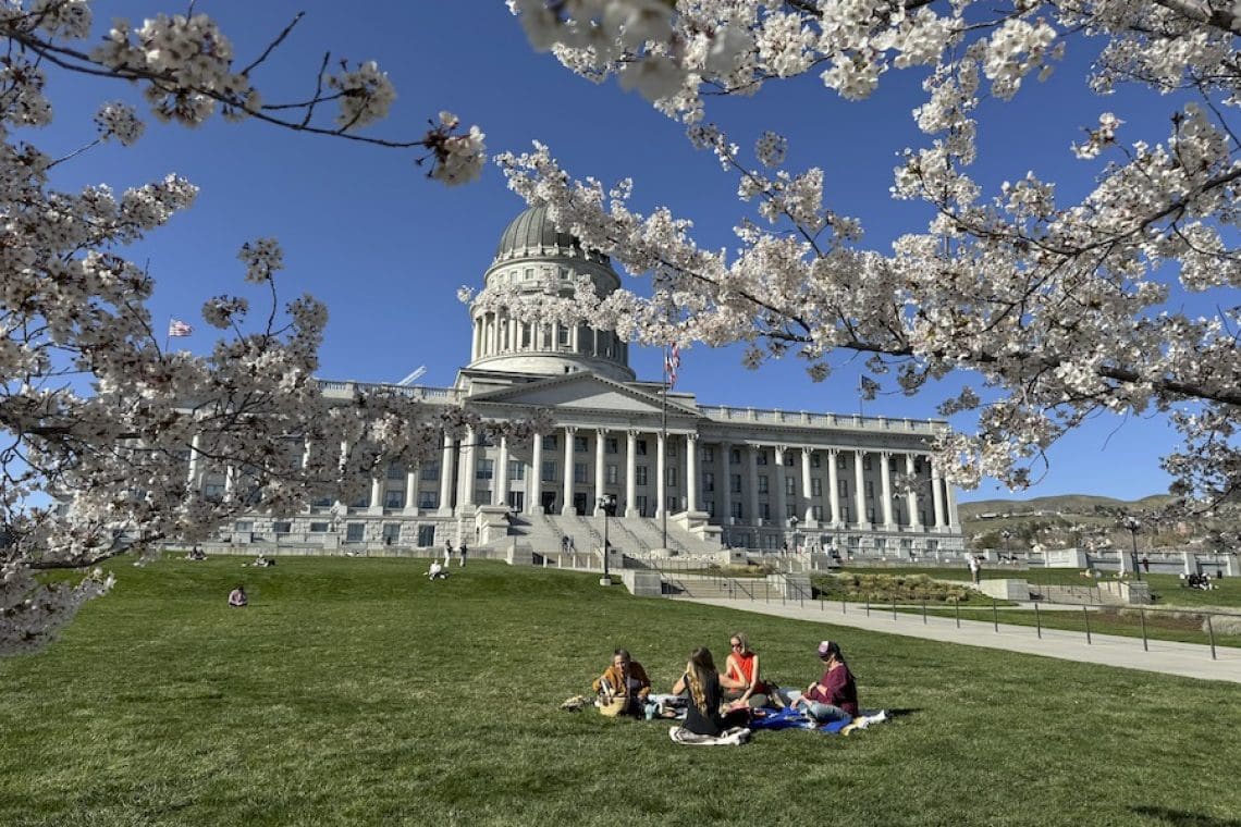 View of the Utah State Capitol surrounded by cherry blossoms with people enjoying the lawn - Best Places to Stay in Salt Lake City