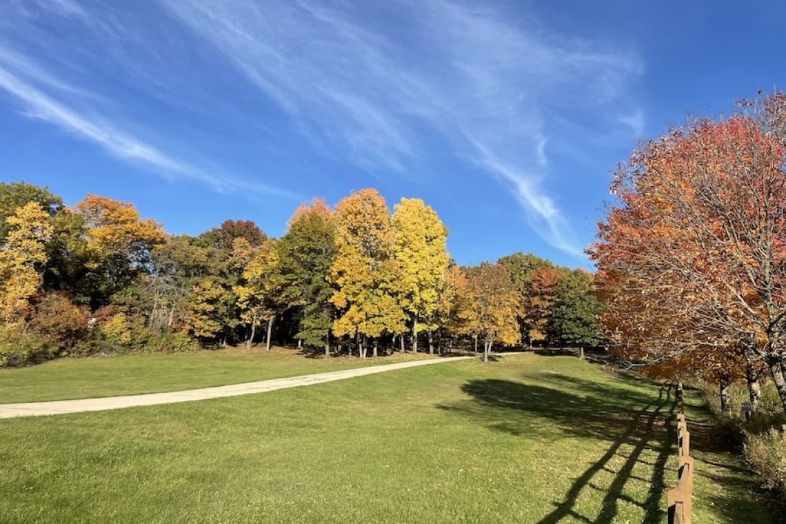 Fall Color Getaways in Wisconsin - Image of blue skies with cloud streaks and fall-colored trees.