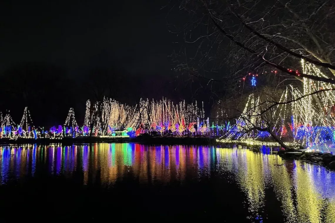 Colorful holiday lights lit up over lake - Holiday Light Show - Things to Do in Janesville