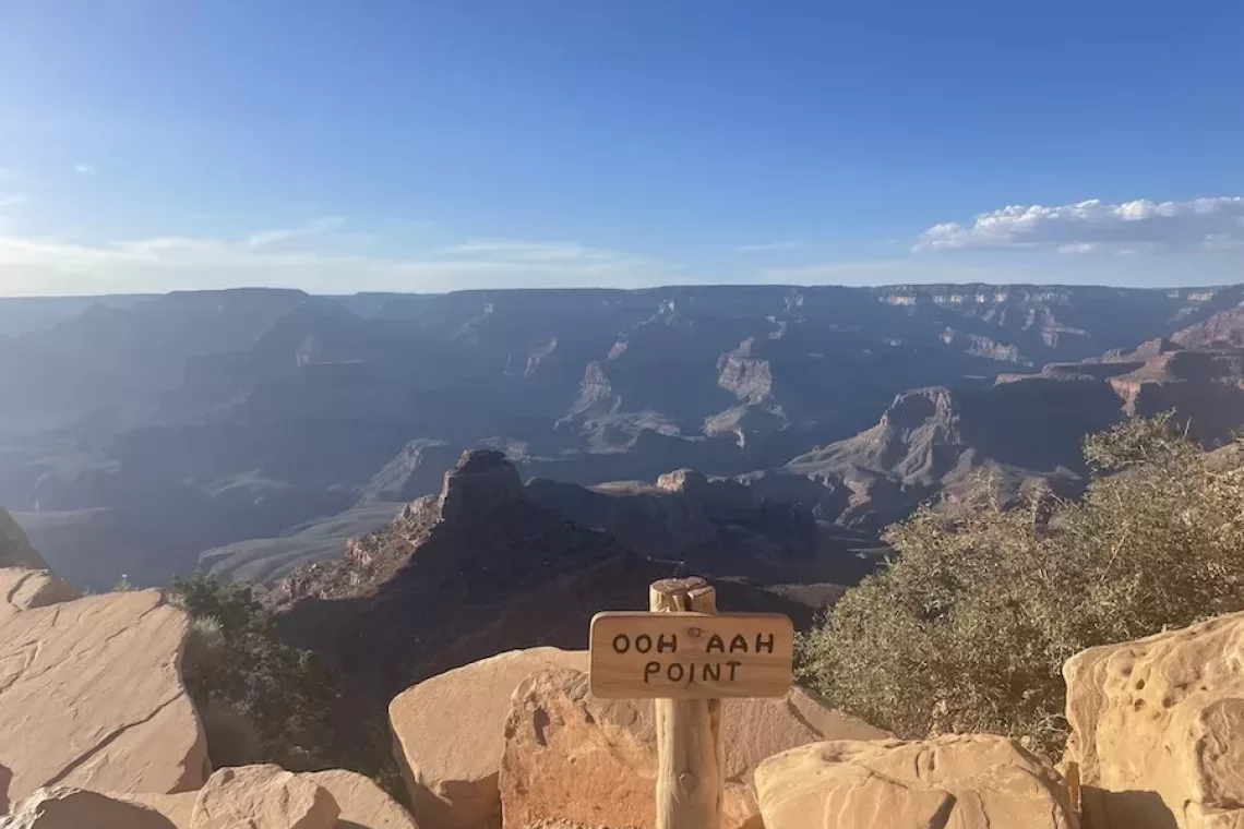 Overview of Grand Canyon from Ooh Aah Point featuring a blue sky