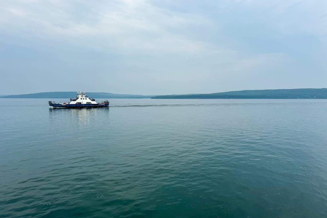 Image of a car ferry on the great lakes just off of Wisconsin.