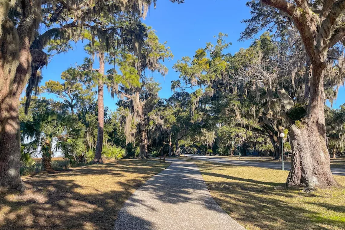 Visiting Jekyll Island - paved walking path lined with oak trees and spanish moss hanging from branches